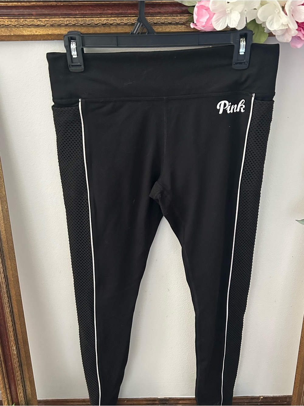 PINK Victoria's Secret Black Leggings with White Piping and Side Mesh
